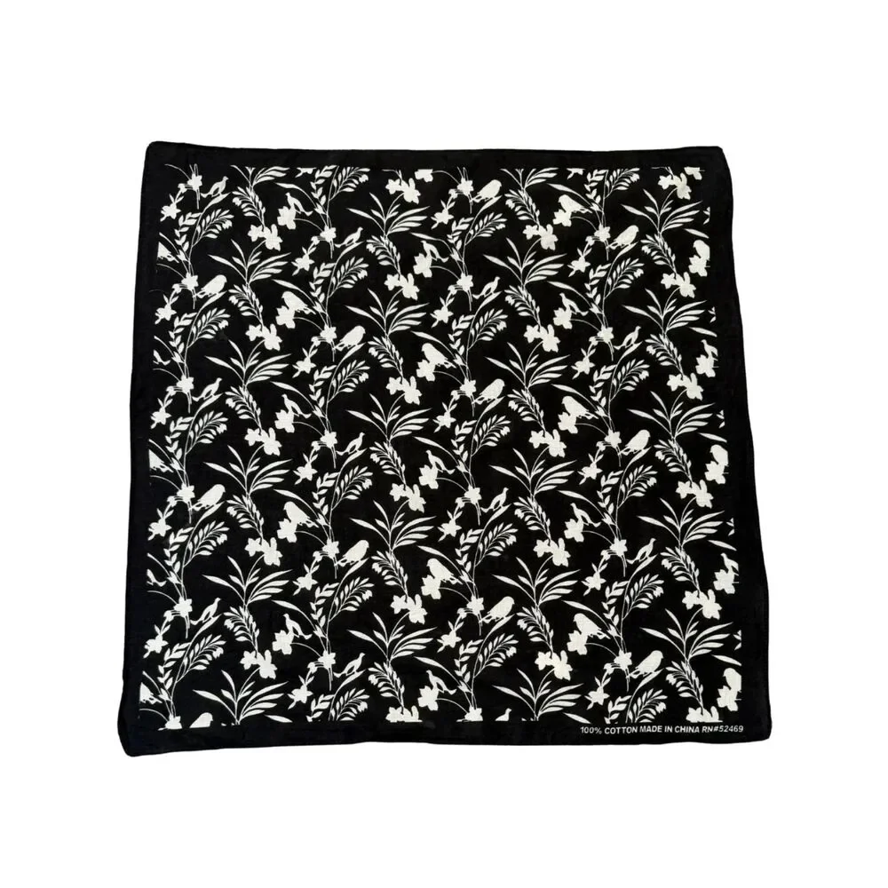 Black and White Floral Bird 100% Cotton Small Rectangular Scarf Kerchief Bandana